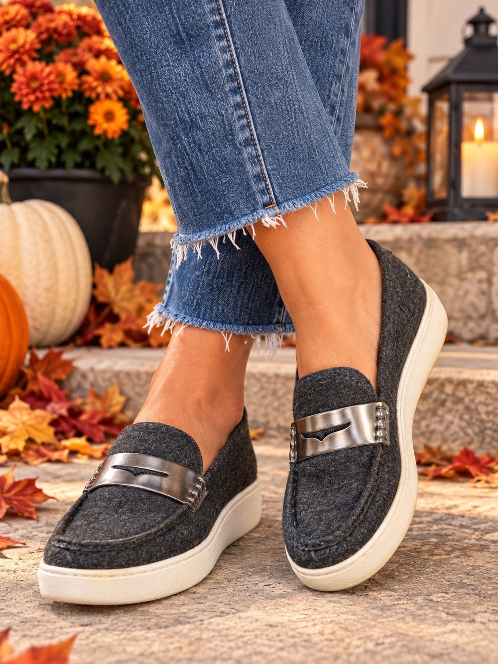 Michael Kors Dark Gray Felt Slip-On Loafers with Metallic Detail